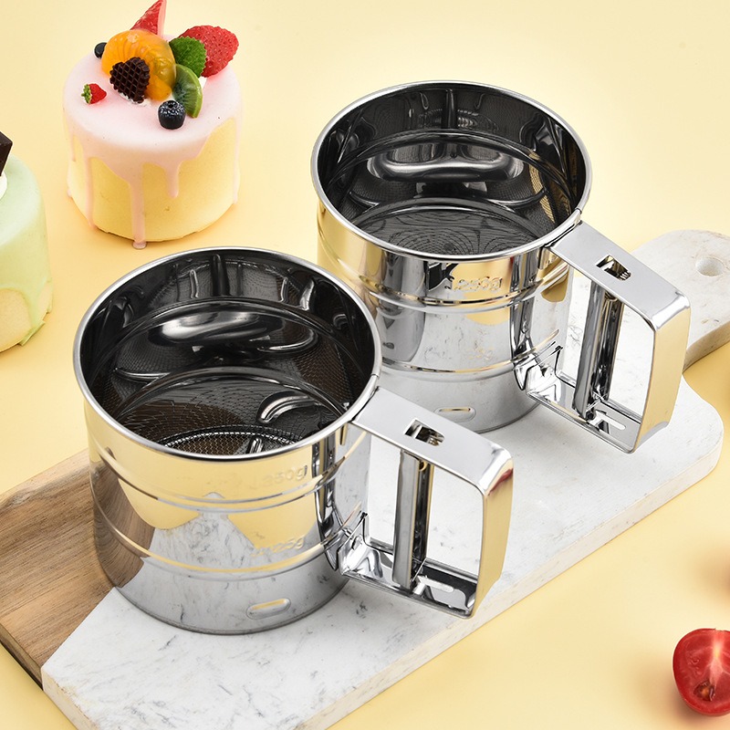 Baking Powder Kitchen - ตะแกรงร่อนแป้งสแตนเลส 1 ชิ้นพร้อมมือกดตาข่ายละเอียดสำหรับผงฟูน้ำตาลเครื่องมืออบในครัว